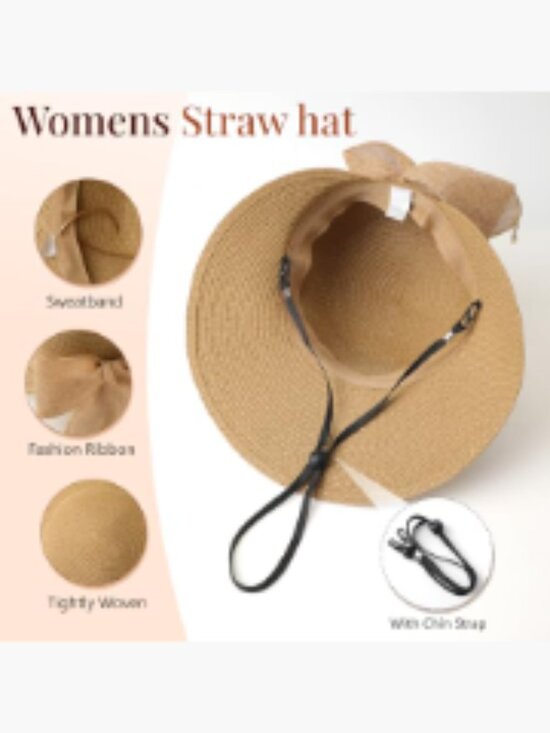 Straw Sun Hat UV Protection UPF 50+ Foldable Packable Adjustable Chin Strap